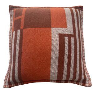 Hermès Orange & Brown Geometric Wool-Cashmere Pillow Cover 18"x18" Made In Italy